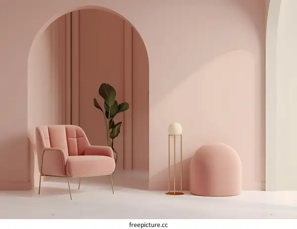 Pink Living Room Interior with Archway and Velvet Chair