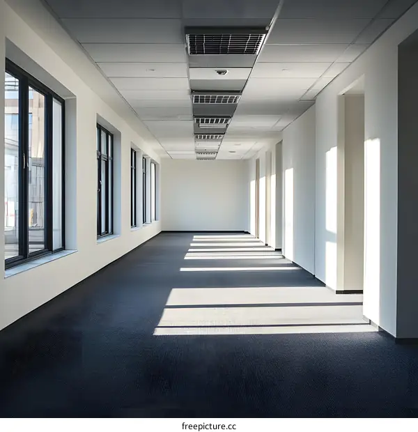 Empty Office Corridor with Sunlight Streaming Through Windows