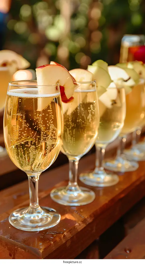 Apple Cider Mimosas in Glasses on Wooden Surface