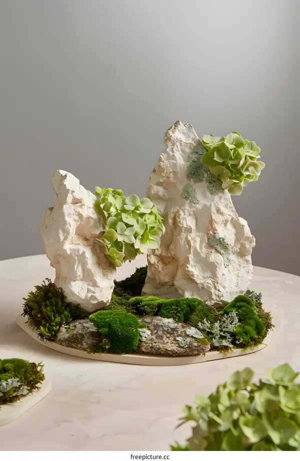 White Stone Landscape with Green Moss and Plants