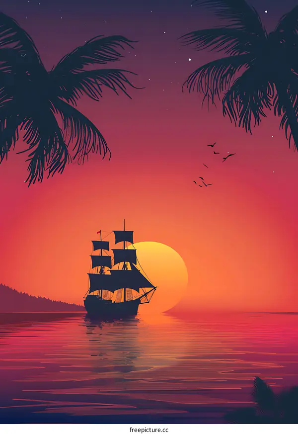 Sunset Silhouette Of A Ship With Palm Trees