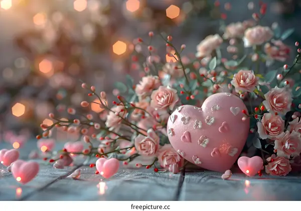 Pink flowers and heart-shaped decorations