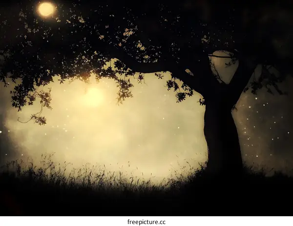 Silhouette of a Tree Under a Night Sky with a Full Moon
