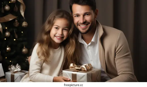 Father and daughter with Christmas present