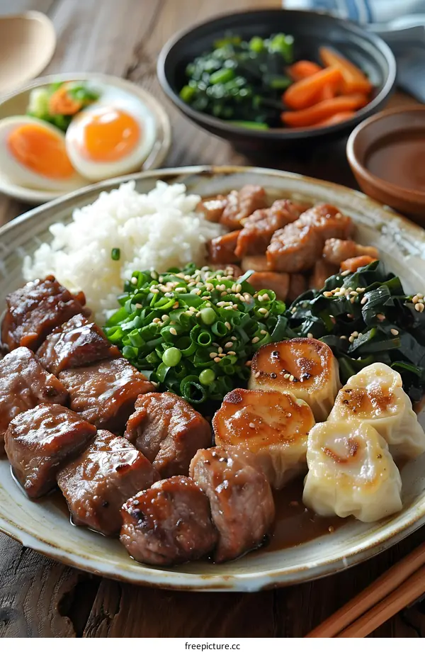 A plate of Japanese food with beef, rice, and dumplings