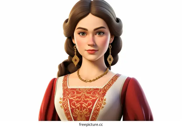 Portrait of a beautiful young woman with brown hair wearing a red and gold dress