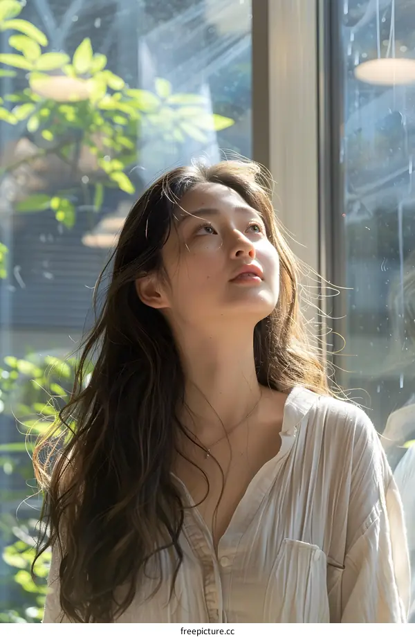 portrait of a young woman looking through a window