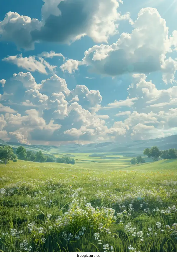 Beautiful Summer Meadow with Fluffy Clouds