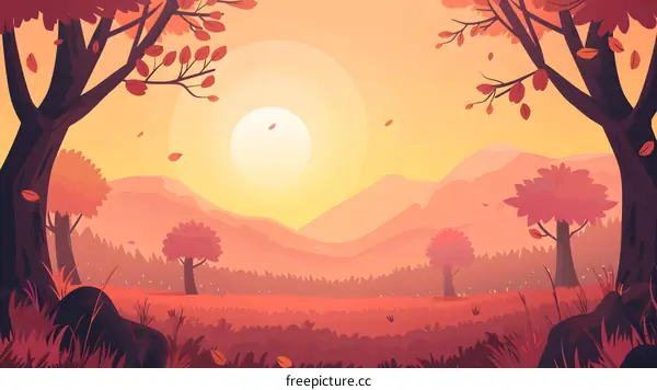 Autumn Landscape Illustration with Trees and Mountains