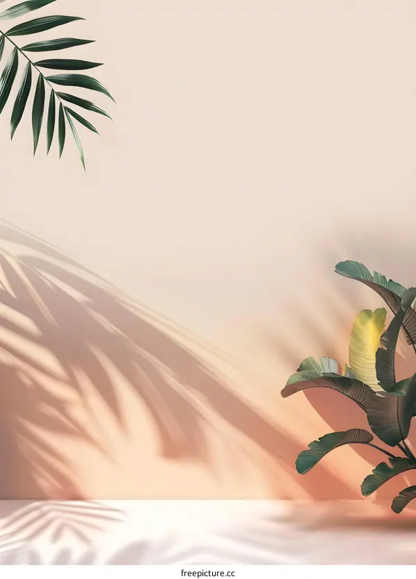 Tropical Leaf Shadow On A Peach Wall Background