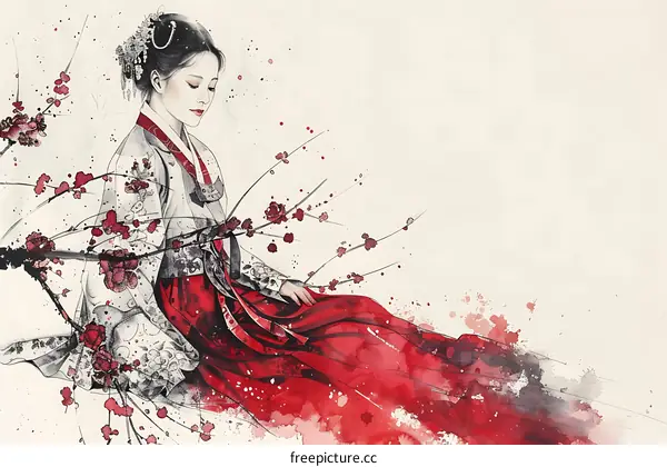 An illustration of a woman in a red dress sitting on a branch of a cherry blossom tree