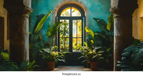 Green Plants and Stone Pillars in a Building Interior