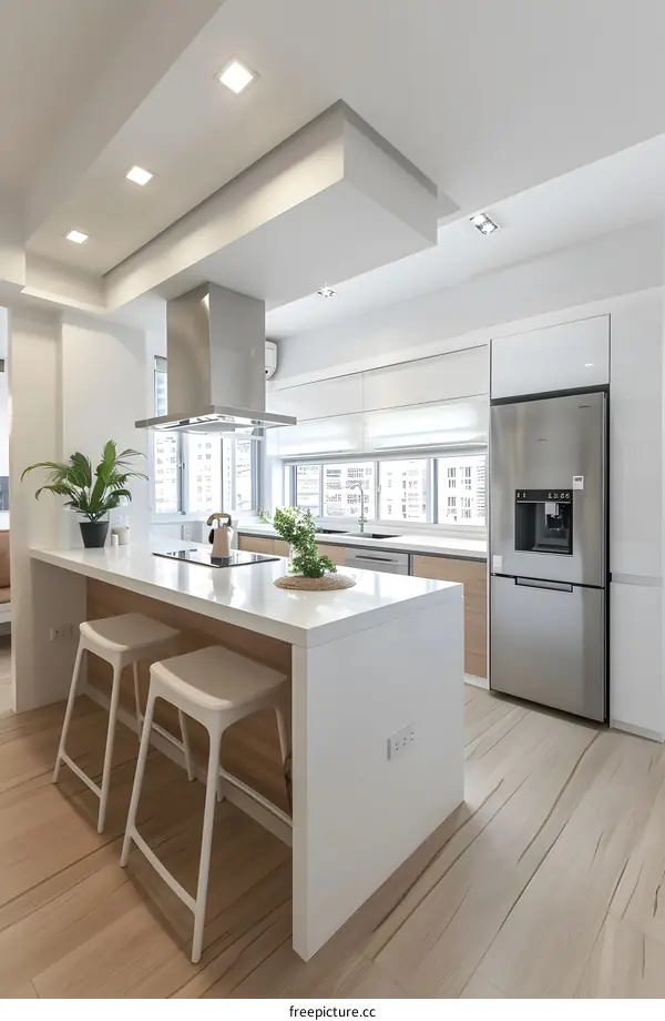 Modern Kitchen Design with White Countertops and Wooden Floor