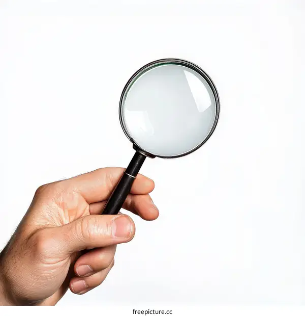 Hand Holding Magnifying Glass on White Background