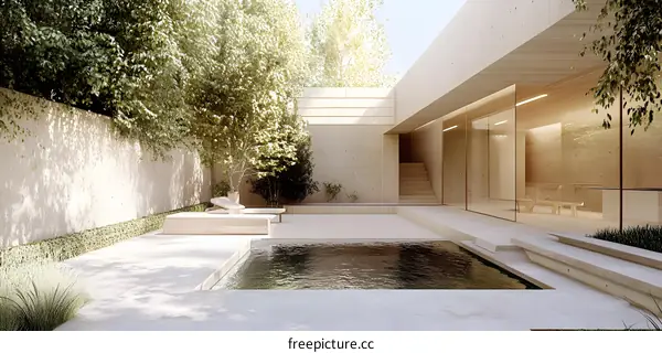 Minimalist Modern Backyard Pool Design with Concrete Walls and Green Plants
