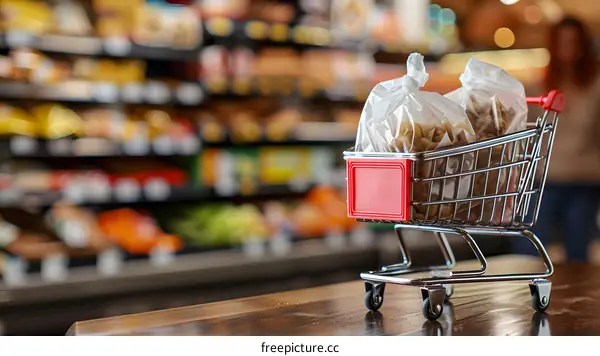 Miniature Shopping Cart Filled With Plastic Bags In Front Of Blurred Grocery Store Shelves