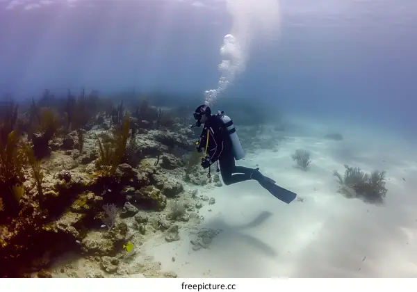 Scuba diver explores a coral reef in the Caribbean Sea