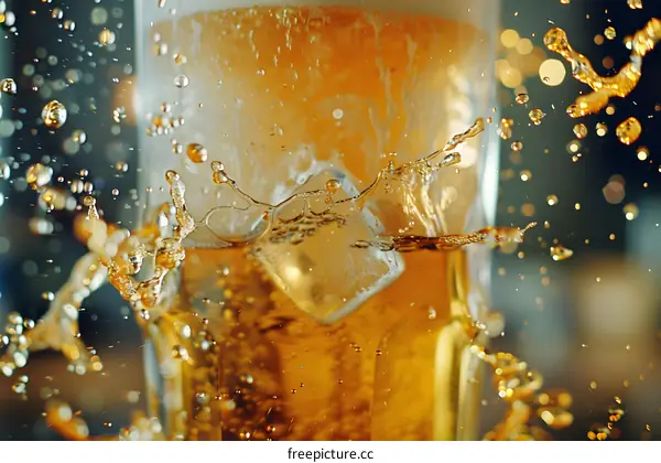 Close Up of Beer Splash with Ice Cube
