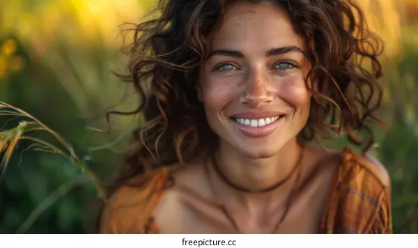 portrait of a smiling woman with freckles and green eyes