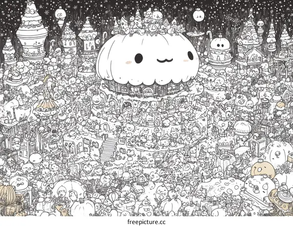 Black and White Cartoon Illustration of a Halloween City