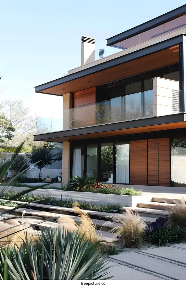 Modern Home with Wood and Glass Balcony