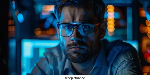 Tech Professional Working Late at Night in Office