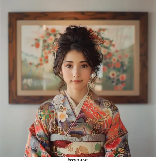 Portrait of a young woman in a kimono with an elaborate floral hairpiece.