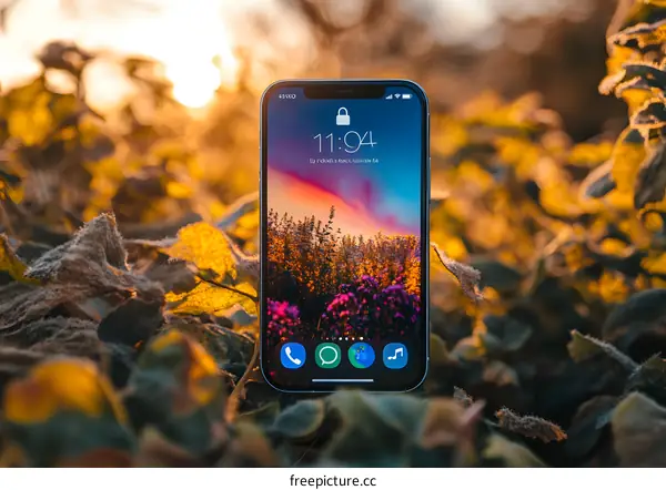 Smartphone on Green Leaves with Sunset Background