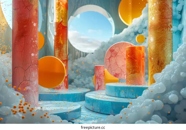 Abstract 3D Render with Orange and Blue Cylinders and Spheres