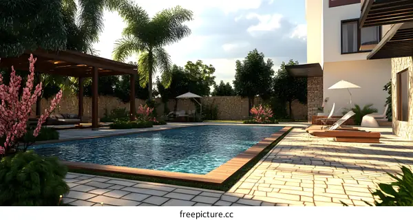 Modern Backyard Pool with Pergola and Palm Trees