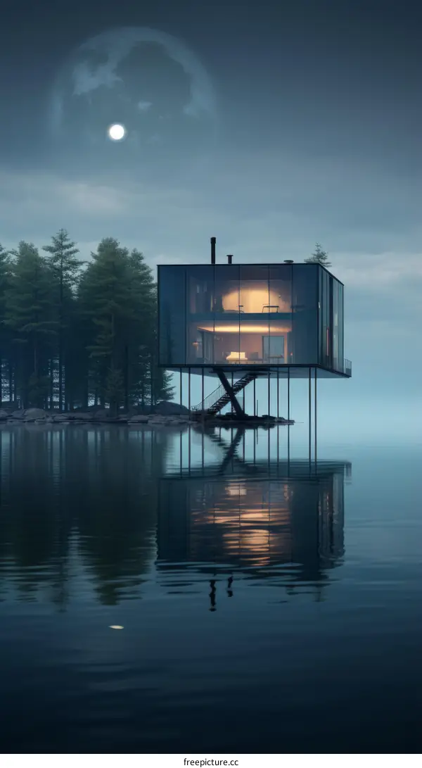 Modern Glass House on a Lake at Night