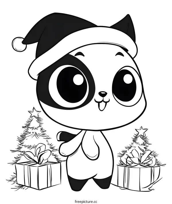 Cute Cartoon Panda Wearing Santa Hat Near Christmas Trees