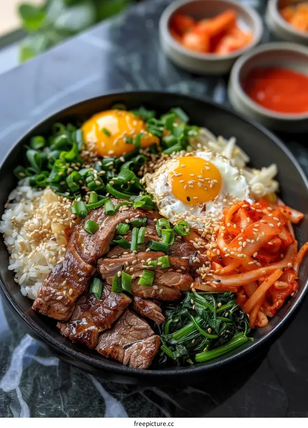 Korean beef bowl with rice, spinach, kimchi, and a fried egg