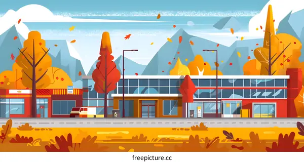 Autumn Illustration with Mountain View