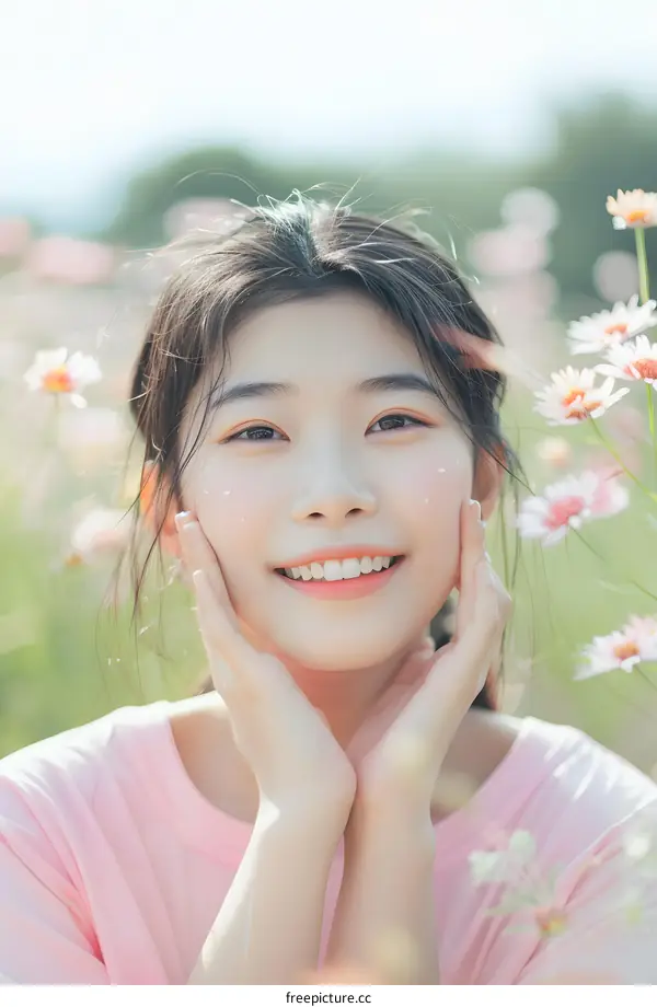 Smiling Asian Girl in a Pink Shirt Posing in a Flower Field