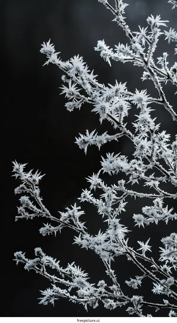 Black and white photo of frost on tree branches