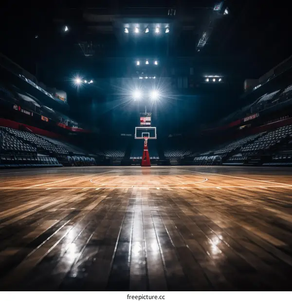 Basketball court with shiny wood floor under bright lights