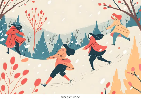 Girls Running in Snowy Forest Illustration