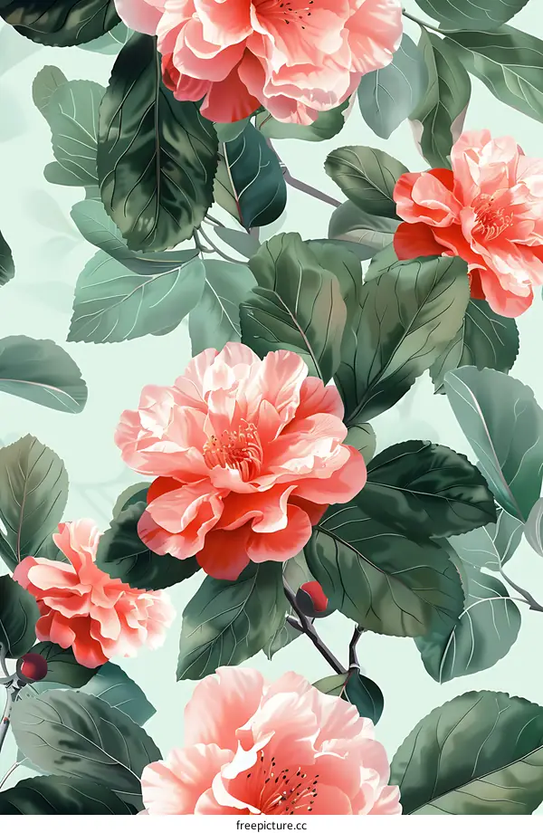 Floral Pattern with Pink Camellia Flowers and Green Leaves