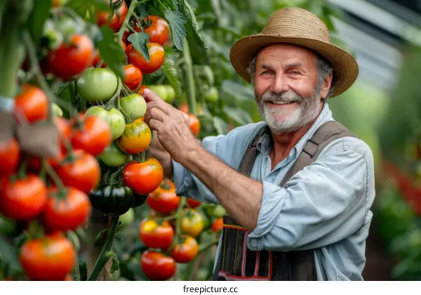 Senior Farmer Harvesting Tomatoes in Greenhouse