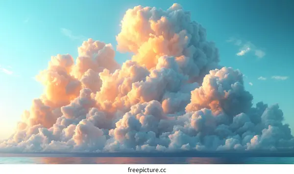 Fluffy white and pink cloudscape over a vast ocean