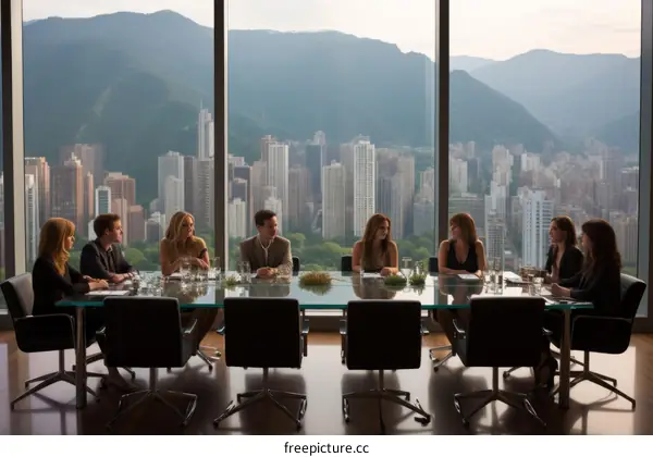 A group of people are sitting around a table having a meeting