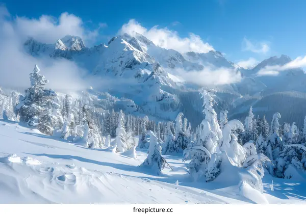 A winter wonderland of snow-covered trees and mountains