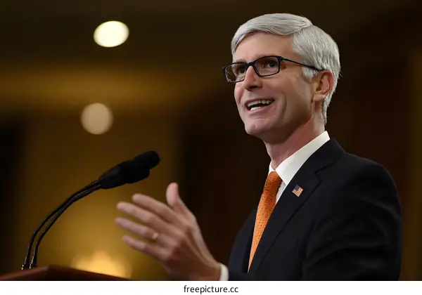 Man in Suit Giving a Speech with Microphone