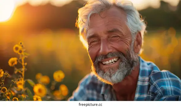 Smiling Senior Man in a Field at Sunset