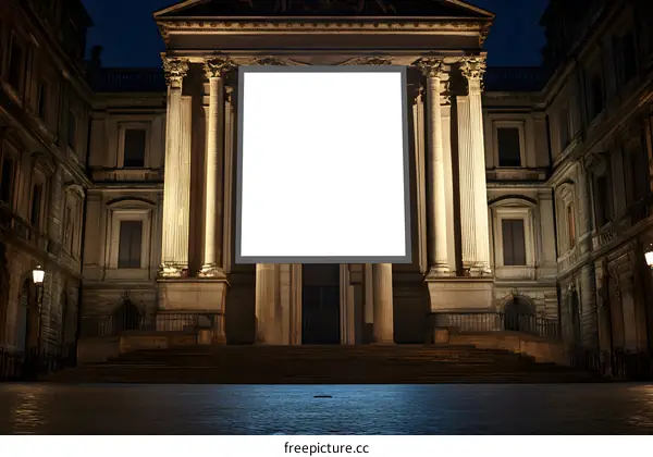 Blank Billboard Display In Front of Old European Building at Night