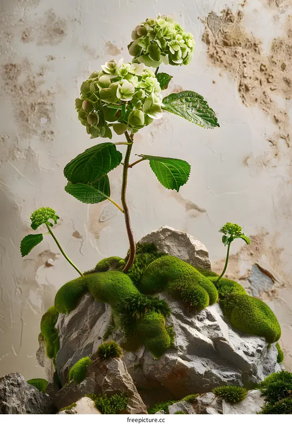 Green Hydrangea Plant with Moss and Rocks