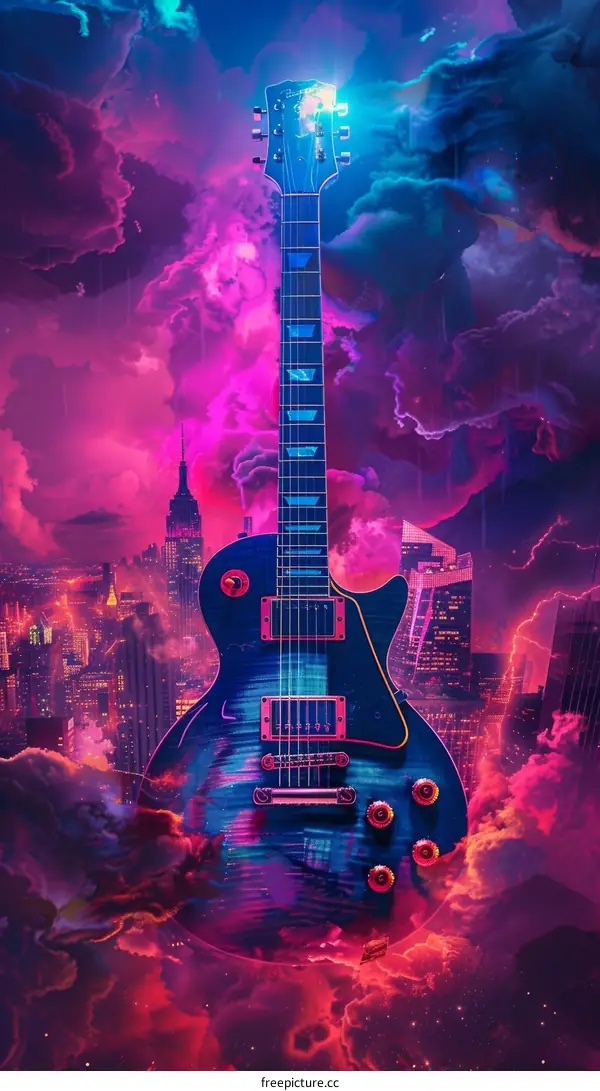 Electric Guitar Soaring Over a Vibrant City Skyline at Night