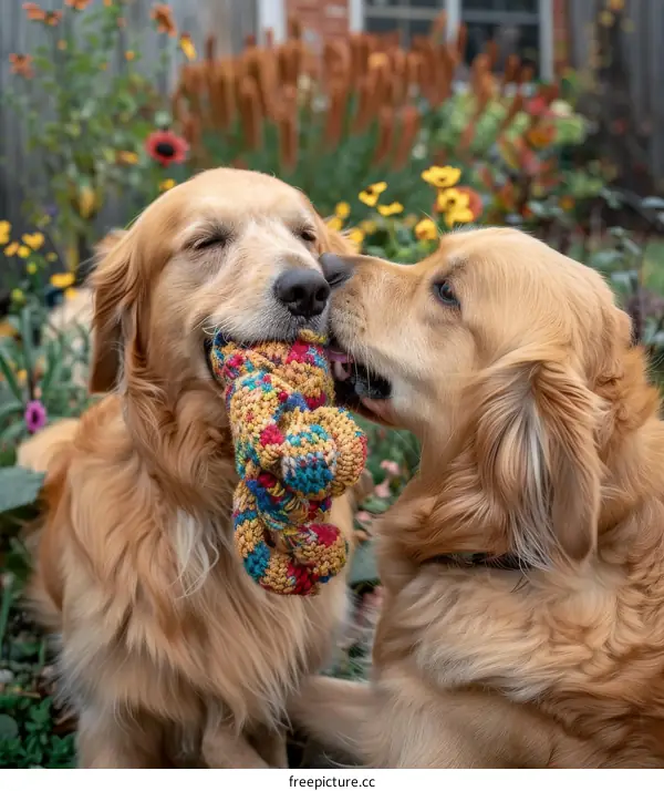 Two Golden Retrievers Playing With a Toy in the Garden