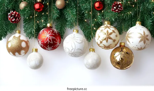 Christmas Ornaments Hanging on Fir Branches